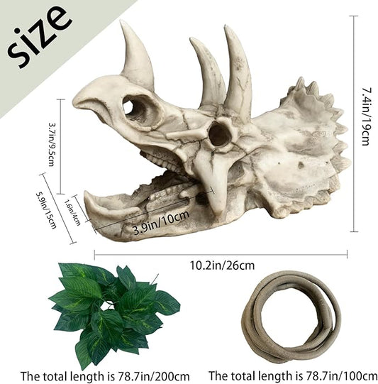 Bearded Dragon Resin Triceratops Skull Hide Decoration Reptiles Artificial Hideout Cave Landscape Tank Accessories Vines Leaves Hideaway Ornaments for Lizards Snake Gecko