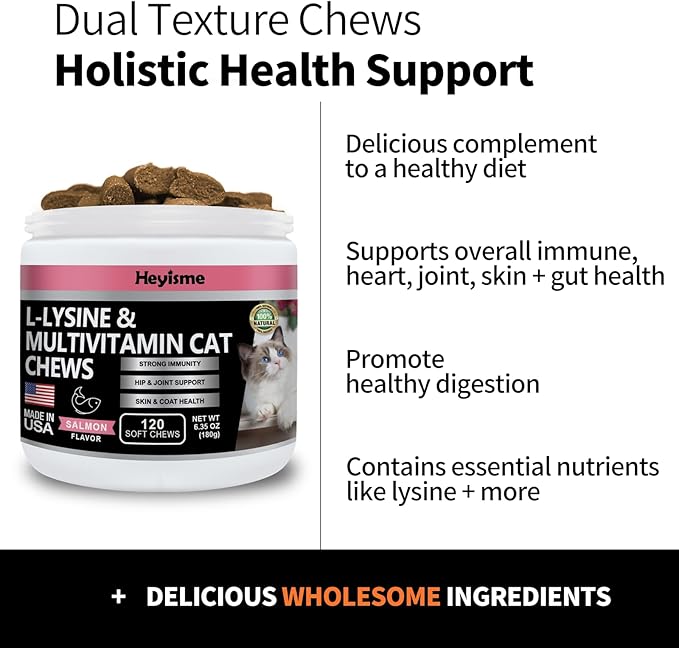 Lysine Supplement for Cats, Cat Treats for Sneezing and Runny Nose, Cold, Cat Immune Support, Eye Function, and Respiratory Health, L-Lysine cat Vitamins for Cats (120 Pills, Salmon)