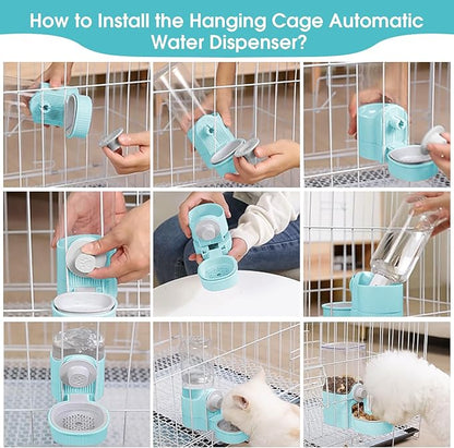 Yummy Sam Hanging Cage Automatic Small Pet Food Bowl Water Bottle Dispenser, Detachable Auto Gravity 1.2L Self-Feeding Feeder and 0.52L Waterer Set Kennel Feeding Station for Puppy Cats(Sky Blue)