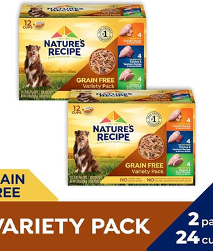Nature’s Recipe Grain Free Chicken Recipe, Chicken & Venison Recipe and Chicken & Duck Recipe in Savory Broth Variety Pack Wet Dog Food, 12-2.75 oz. Cups, 2 Count