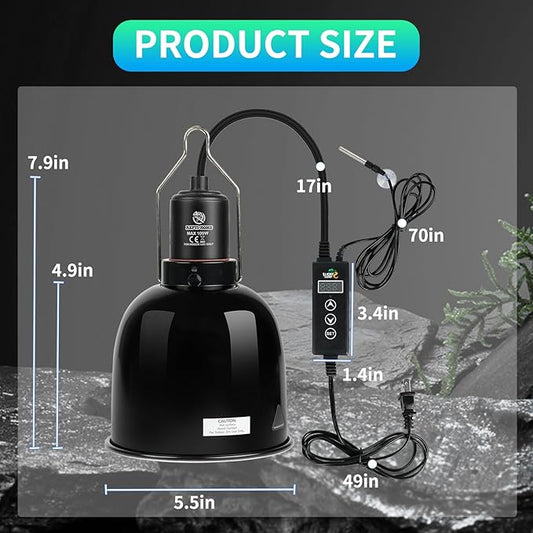 Reptile Light Fixture with Dimming Thermostat, 5.5 Inch Deep Dome Light Fixture with Timer, Reptile Aluminum Dome Fixture for Basking/Heat/UVA/UVB Lamp Bulb