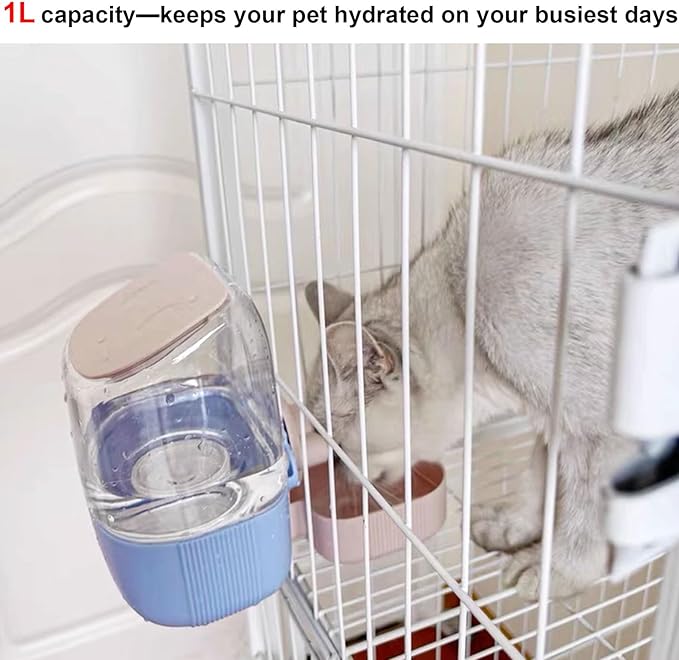 35oz Rabbit Water Bottle, Pet Hanging Automatic Water Dispenser for Small Animal Ferret Guinea Pig Chinchilla Dog Cat (Cage Grid Spacing 1.1''-2.1'') (Blue-Pink)
