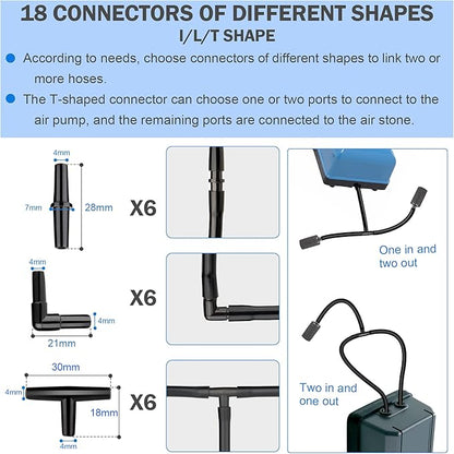Aquarium air Pump Accessories Set-9.84/26.25/101.71 feet Aquarium Airline tubing Hose,Check valves,air Stones and connectors of I,L,T Shape (101.71feet Hose 12stone 12check Valve 18connector)