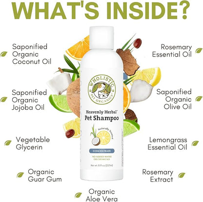 Wholistic Pet Organics Pet Shampoo Concentrate: Heavenly Herbal Organic Dog Shampoo and Conditioner - All Natural Puppy and Cat Shampoo for Dry, Itchy Skin, Allergies, Dandruff - Flea Shampoo - 16 Oz