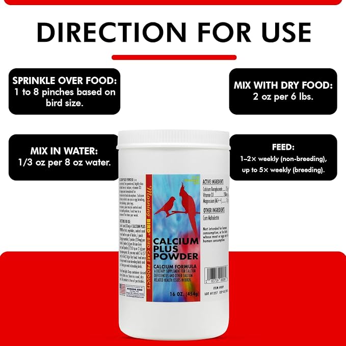 Morning Bird Calcium Plus Powder for Birds 16 oz – Calcium Carbonate Powder with Magnesium Glycinate & Vitamin D – Bone Strength & Immune Support Supplement – Calcium Formula for All Bird Sizes