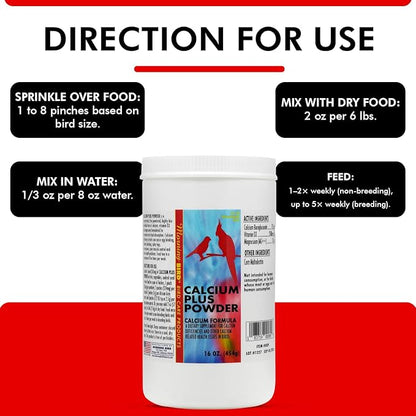 Morning Bird Calcium Plus Powder for Birds 16 oz – Calcium Carbonate Powder with Magnesium Glycinate & Vitamin D – Bone Strength & Immune Support Supplement – Calcium Formula for All Bird Sizes