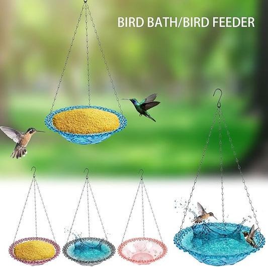 2 Pack Super Value Hanging Plastic Bird Baths and Feeders for Outdoors Bird Water Bowls and Seed Trays Set Attract Wild Birds Garden Yard Decor Gift (Blue)