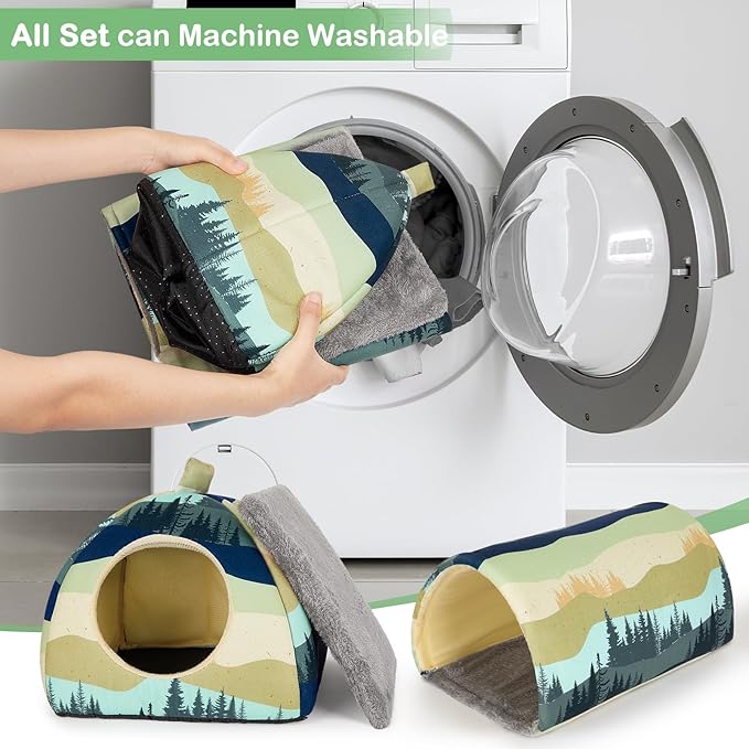 Bienbee Guinea Pig Hideout, Washable Rabbit Bed with Guinea Pig Tunnel, 2 Pack Guinea Pigs Toys Set Bunny Hideout Cage Accessories for Hamster Ferret Rabbits Bunny,Blue-Green Moutains