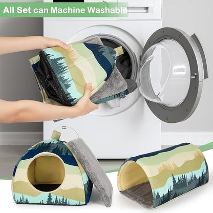 Bienbee Guinea Pig Hideout, Washable Rabbit Bed with Guinea Pig Tunnel, 2 Pack Guinea Pigs Toys Set Bunny Hideout Cage Accessories for Hamster Ferret Rabbits Bunny,Blue-Green Moutains