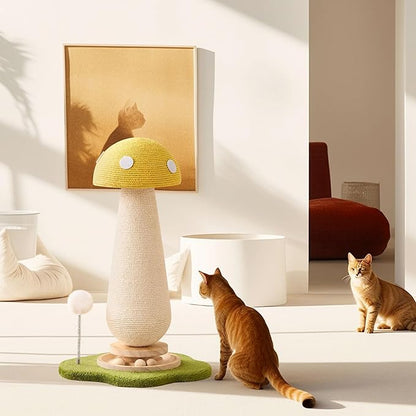 Mushroom Cat Scratching Post Cat Tree, 21.5‘’ H Cute Cat Scratcher Tower with Durable Solid Wood Turntable Toy, Lemon Yellow Mushroom Scratch Post Cat Sisal Scratcher with Catnip for Indoor Cats