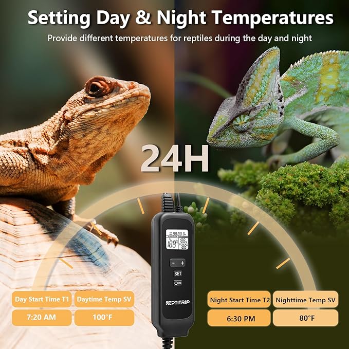 8.5 Inch Day-Night Thermostatic Reptile Heat Light Fixture - Heat Lamp Temperature Controller for Bearded Dragons, Snakes & Lizard – Bulb Not Included (Max 150W)