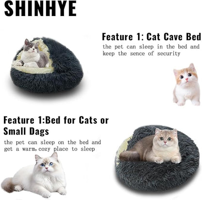 ShinHye Cat Bed Round Plush Fluffy Hooded Cat Bed Cave, Cozy for Indoor Cats or Small Dog beds, Soothing Pet Beds Doughnut Calm Anti-nxiety Dog Bed - Waterproof Bottom Washable (20×20inch, Dark Grey)