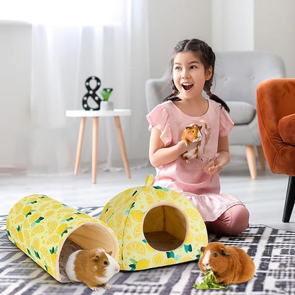 Bienbee Guinea Pig Hideout, Washable Rabbit Bed with Guinea Pig Tunnel, 2 Pack Guinea Pigs Toys Set Bunny Hideout Cage Accessories for Hamster Ferret Rabbits Bunny,Yellow Lemon