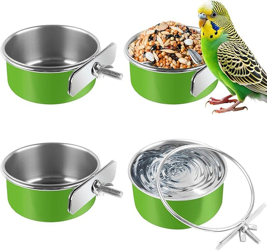 4 Pcs Stainless Steel Bird Bowls, Small Bird Food Dishes for Cage, Parrot Cage Feeder with Clamp Holder for Parakeet/Cockatiels/Conure/Budgies/Ferret/Small Animal