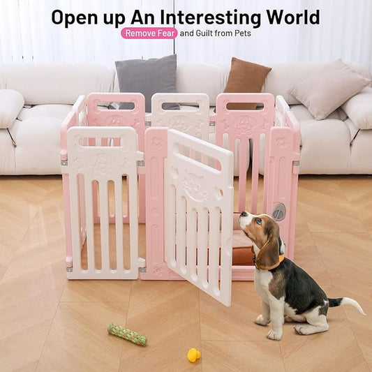 Dog Fence Pet Playpen Clear Puppy Cat Small Play Pen Foldable Kennel Indoor Outdoor Whelping Box for Dogs with Gate (Pink + White, 8 Panels+1 Door)