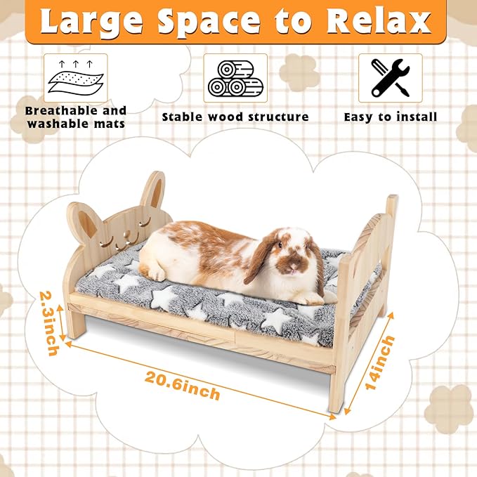 BWOGUE Large Wooden Rabbit Bed, 2 in 1 Folding Wooden Pet Bed with Removable Cushion Small Animals Bed for Rabbits Bunny Guinea Pigs Kittens Puppy Sleeping Habitat (20.5" x 14.3")