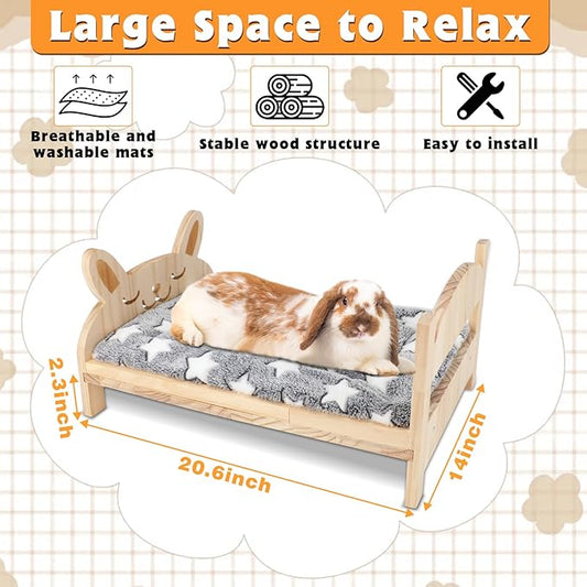 BWOGUE Large Wooden Rabbit Bed, 2 in 1 Folding Wooden Pet Bed with Removable Cushion Small Animals Bed for Rabbits Bunny Guinea Pigs Kittens Puppy Sleeping Habitat (20.5" x 14.3")