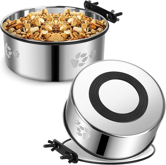 2-in-1 Dog Crate Water Food Bowl No Spill,2 Pack Hanging Dog Bowls for Kennel,Dogs Crate Water Feeder Dish,Stainless Steel Kennel Dogs Bowls Mountable with Non-Slip Bottom for Cats Bunny Ferret Bird