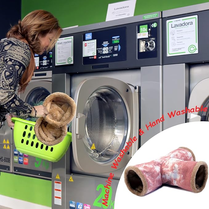 LeerKing Guinea Pig Tunnel 3 Way, Small Animal Hideout Toy Washable Canvas Fleece Tube Play Tunnel for Rats Ferret Bunny Gerbil Sugar Glider Chinchilla, Pink