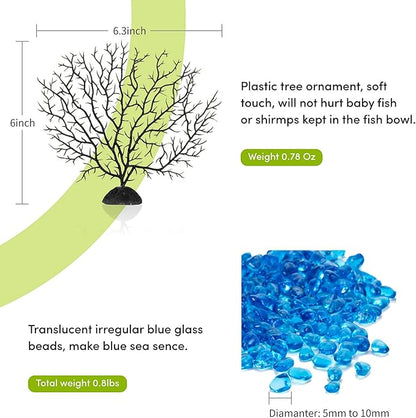 hygger Mini Glass Oblate Fish Bowl Kit, Small Fish Tank Comes with Blue Aquarium Decor Stones and Plastic Fan Branch Tree Ornament