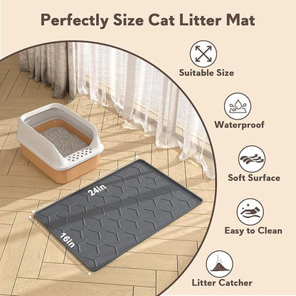 Cat Litter Box Mat, Silicone Kitty Litter Mat, 24" X 16" Waterproof Silicone Pad for Floor, Dark Gray