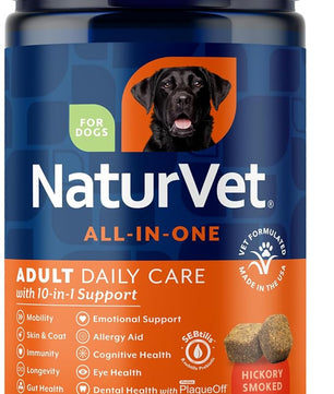 NaturVet All-in-One Adult Dog Daily Care, 10-in-1 Supplement Dog Soft Chews for Mobility, Skin, Digestion, Teeth, Cognition, Eyes, Hickory Smoked Bacon Flavored Pet Supplement for Dogs, 60 Count