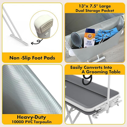 PAWZIDEA 2-in-1 Portable Dog Bathtub & Grooming Table, 33" Foldable Pet Washing Station for Small Medium Dogs Cats, Elevated Tubs for Bathing Shower Indoor Outdoor, 5 Height Adjustable, Storage Pocket