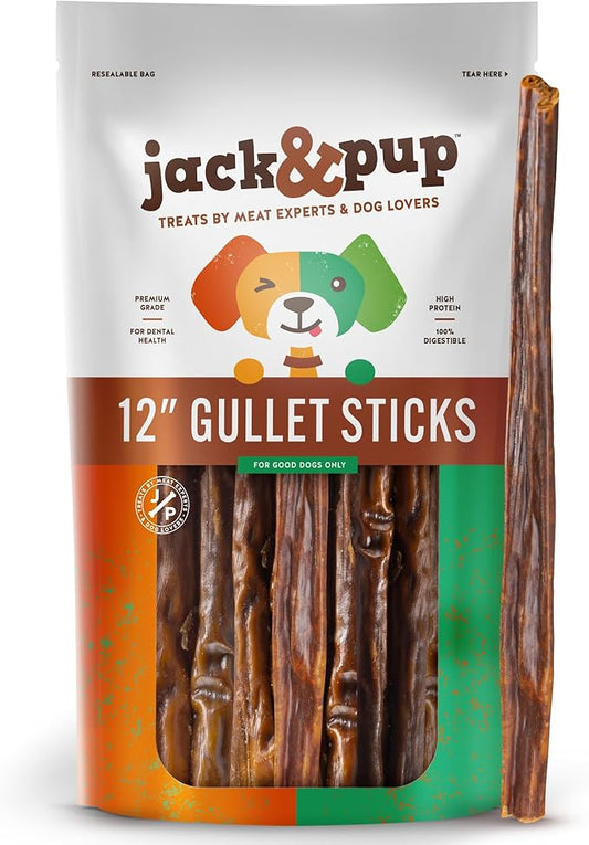 Jack&Pup Gullet Jerky Chew for Small Dogs | Single Ingredient Dog Treats with Glucosamine for Natural Joint Support (12" Gullet Sticks 20pk)