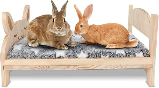 BWOGUE Large Wooden Rabbit Bed, 2 in 1 Folding Wooden Pet Bed with Removable Cushion Small Animals Bed for Rabbits Bunny Guinea Pigs Kittens Puppy Sleeping Habitat (20.5" x 14.3")