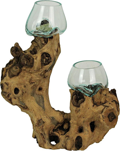 Molten Glass On Root Wood Double Decorative Bowl Vase Plant Terrarium - Boho Style for Tabletops