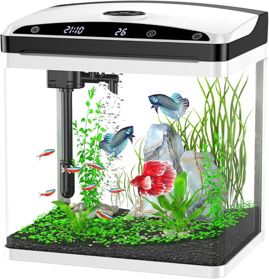 3 Gallon Fish Tank, Small Smart Aquarium with Filter, LED Light, Temperature Display for Betta, Shrimp, Goldfish, Guppies Small Fish with Fish Net