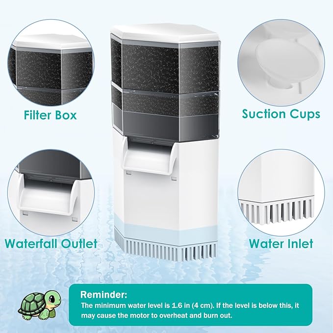 Turtle Aquarium Filter 3-Stage Turtle Filter for Low Water Level Tanks, 225GPH Super Quiet Waterfall Turtle Tank Filter Reptile Filter, Low Water Filters for Turtle Tanks 10-40 Gallon Water
