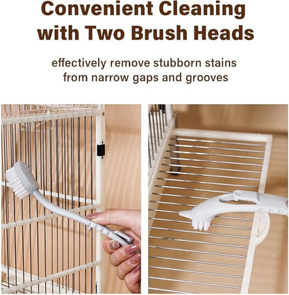 MANON ROSA Bird Cage Cleaner with Two Brush Heads Long Handle Tool for Cleaning Bird Parrot Cages Kennels Perches