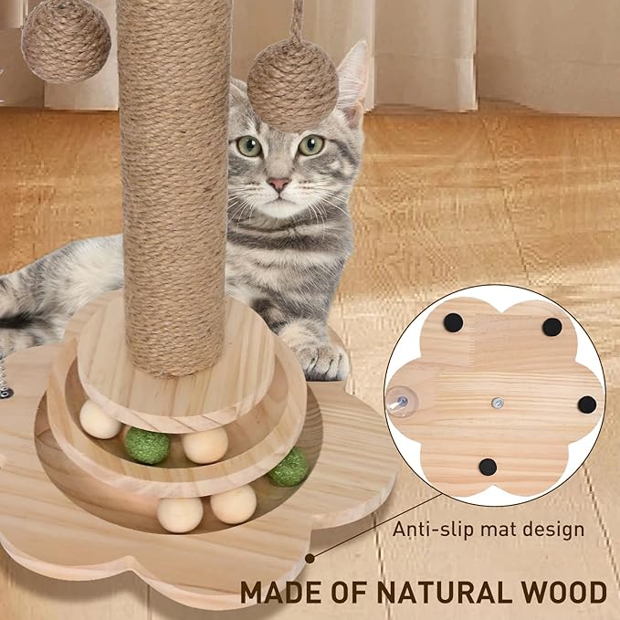 Cat Scratching Post - 4 in 1 Scratching Post, Wooden Cat Scratch Post with 2 Level Sisal Balls & 2 Sisal Hanging Balls for Indoor Kittens, Gifts