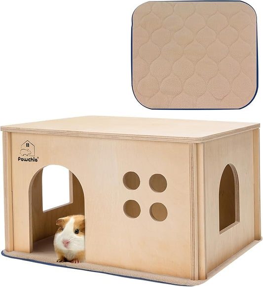 PAWCHIE Guinea Pig House Hide - Wooden Hideout for Chinchilla Small Animals, Habitat with Windows Guinea Pig Hamster Rat Living