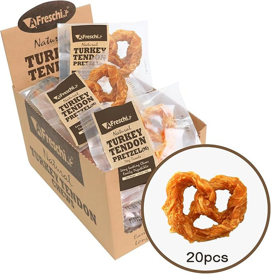 AFreschi Turkey Tendon for Dogs, Dog Treats for Signature Series, All Natural Human Grade Puppy Chew, Rawhide Alternative, 20 Units/Box Pretzel (Medium)