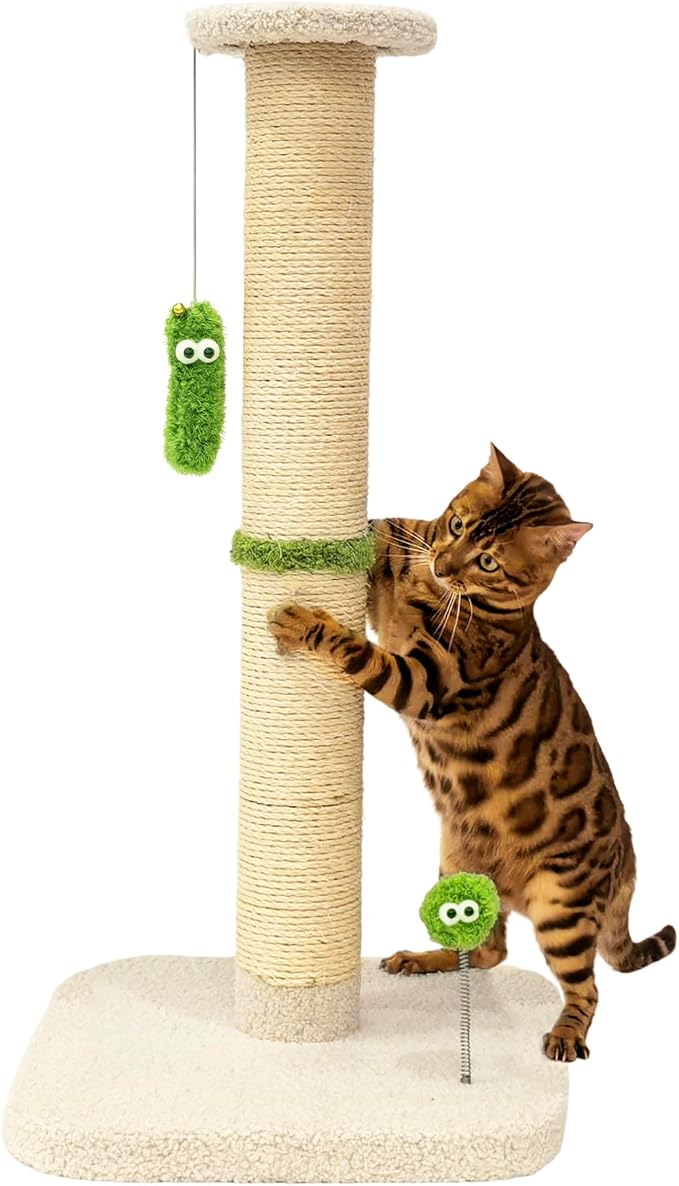 TINYBEAST 34.7" Tall Cat Scratching Post, 3 in 1 Sisal Cat Scratcher, Heavy Duty 4.3" Diameter Cat Tree with Hanging Bell Ball Toy and Reinforced Stable Base for Indoor Adult Cats & Kittens(Beige)