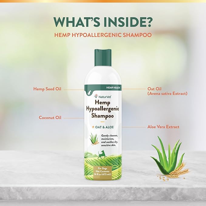 NaturVet Hemp Hypoallergenic Shampoo with Oat and Aloe for Dogs, 16oz Liquid, Made in The USA