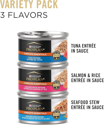 Purina Pro Plan High Protein Wet Cat Food Variety Pack, Complete Essentials Seafood Favorites - (2 Packs of 12) 3 oz. Cans