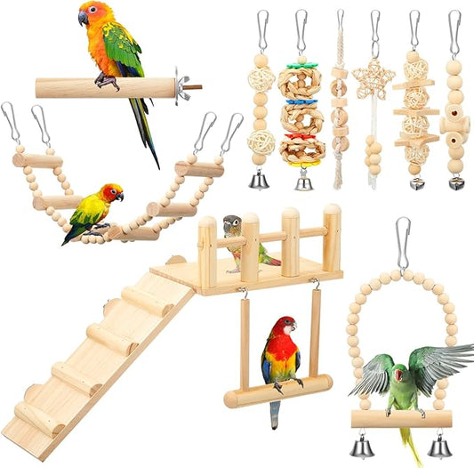 10 Pcs Bird Toys for Parakeets Parrot Swing Toys and Wooden Parrot Perches Platform with Climbing Ladder Chewing Standing Hanging Hammock Cage Toy Accessories for Budgerigar Cockatiel Finches