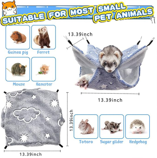 LEFTSTARER Noctilucent Luminous Guinea Pig Rat Hammock Bunkbed Hanging Tunnel and Soft Bed Mat for Ferret Hedgehog Squirrel Hideout Cage Accessories (6.Bunkbed Hammock Cloud&Star)