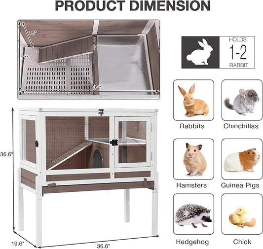 Guinea Pig Cage Indoor with Cool Zinc Plate Rabbit Hutch with Wheels and Removable Proof Tray Elevated Legs Hamster Cage with Chew-Resistant Metal Frame 36.6" L（Brown）