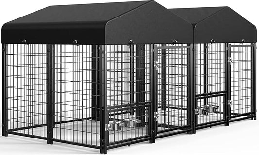 Sino Luban 2PCS Outdoor Dog Kennel Outside Run with Doggy Door, Swivel Feeder&Roof - 5x5x5FT Large Dog Kennels Pens Outside for Medium/Large Dogs - Heavy Duty Cage (Can Connect to Your Dog House)