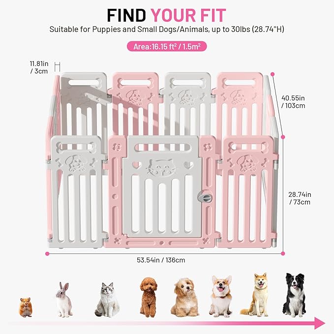 Dog Playpen Fence Clear Pet Puppy Foldable Kennel for Small Dogs Plastic Puppy Enclosure for Cat Rabbit Indoor Whelping Box for Dogs with Gate (Pink + White, 12 Panels+1 Door)