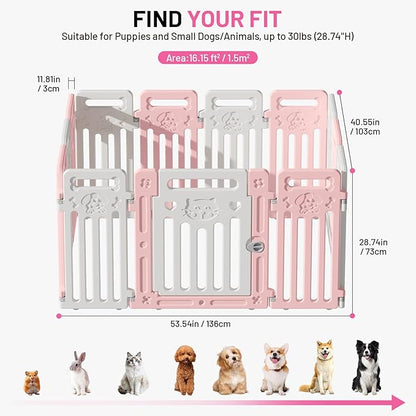 Dog Playpen Fence Clear Pet Puppy Foldable Kennel for Small Dogs Plastic Puppy Enclosure for Cat Rabbit Indoor Whelping Box for Dogs with Gate (Pink + White, 12 Panels+1 Door)