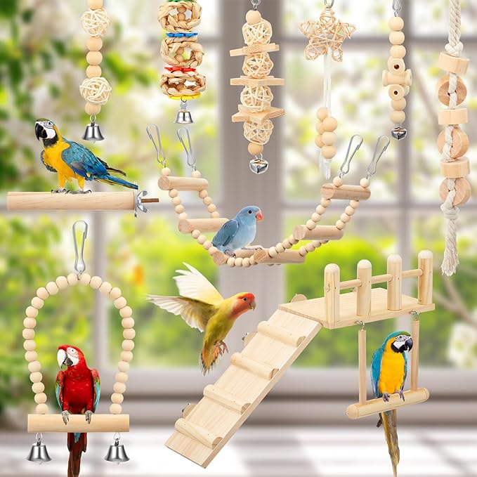 10 Pcs Bird Toys for Parakeets Parrot Swing Toys and Wooden Parrot Perches Platform with Climbing Ladder Chewing Standing Hanging Hammock Cage Toy Accessories for Budgerigar Cockatiel Finches