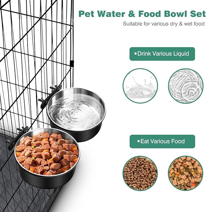 Dog Crate Water Bowl No Spill, 2 Pack Dog Crate Bowls Hanging, Kennel Water Food Bowls Mountable, Pet Cage Accessories Feeder Dish, Stainless Steel Coop Cup for Cat Puppy Bunny Guinea Pig Ferret Bird