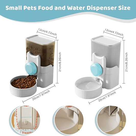 Hanging Cage Automatic Small Pet Food Bowl Water Bottle Dispenser, 1L Auto Gravity Pet Feeder and Waterer Set Kennel Feeding Station Crate Feeder Dish for Rabbit Puppy Cats Ferret (Blue)