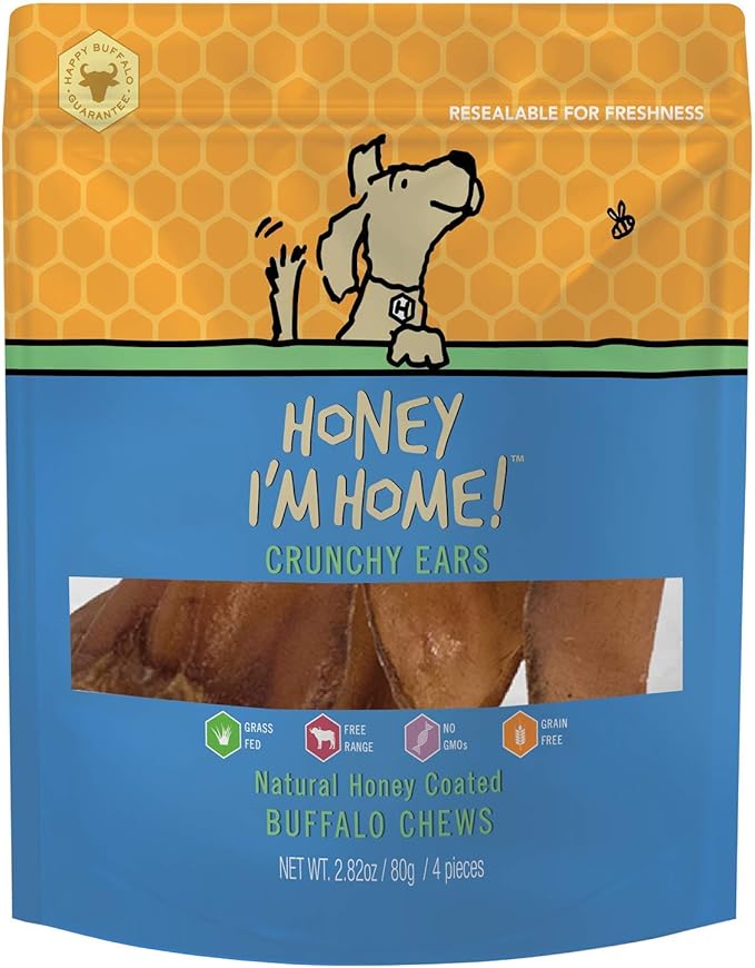 Honey I'm Home Buffalo Crunchy Ears Dog Chews, 4-Pack – Honey Coated, All-Natural, Free-Range, Grain-Free, Healthy & Crunchy Treats