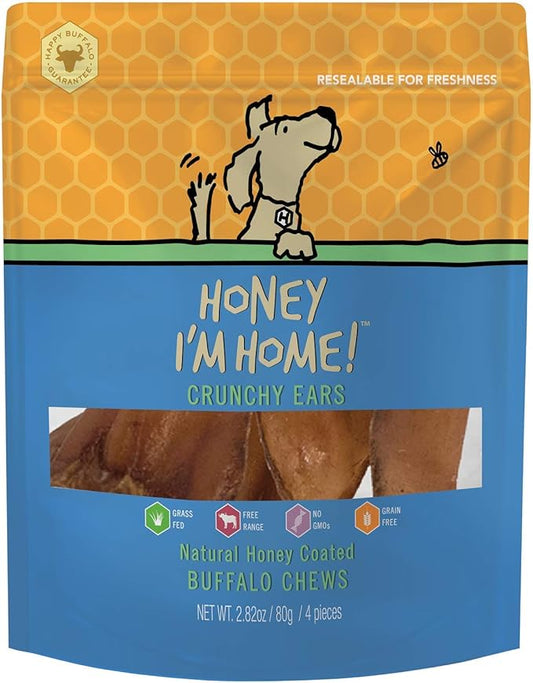 Honey I'm Home Buffalo Crunchy Ears Dog Chews, 4-Pack – Honey Coated, All-Natural, Free-Range, Grain-Free, Healthy & Crunchy Treats